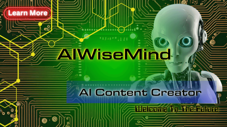 AIWiseMind Automated Content Creator. Robot looking at the words AIWiseMind with the words automated content creator with a green circuit board in the background.