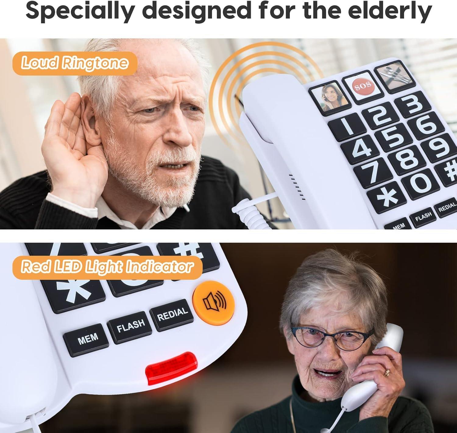 Landline Phones for Seniors, Corded Phone with Photo Memory, One-Touch Dialing, Big Buttons, Flashing Alerts, Hands-Free for Hearing Impaired(Black)