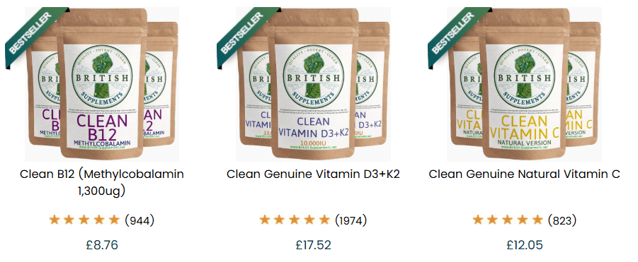 Vitamin B12 Supplements, Vitamin D3+K2 Supplements and Clean Vitamin supplements. All with no additional ingredients or extras added. 