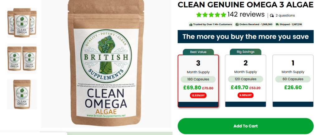 Clean Omega 3 Algae pills/supplements from British Supplements