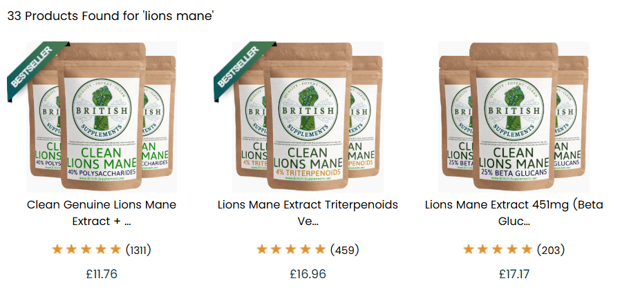 British Supplements Lions Mane prices from the main British Supplements Website. 