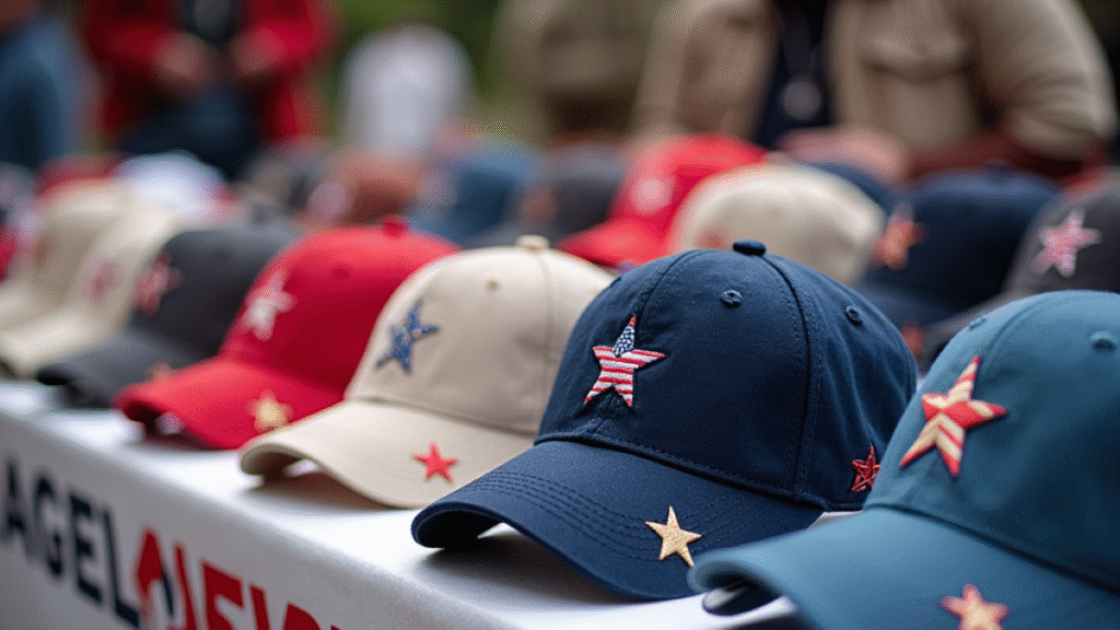 Baseball caps with the American USA stars and stripes badge on the front. 