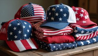 Neatly folded American flag-themed shirts, hats, and scarves on a rustic wooden table.
