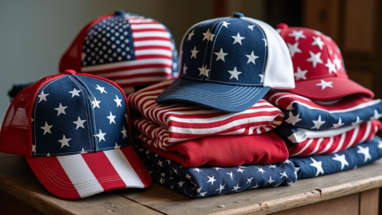 Neatly folded American flag-themed shirts, hats, and scarves on a rustic wooden table.