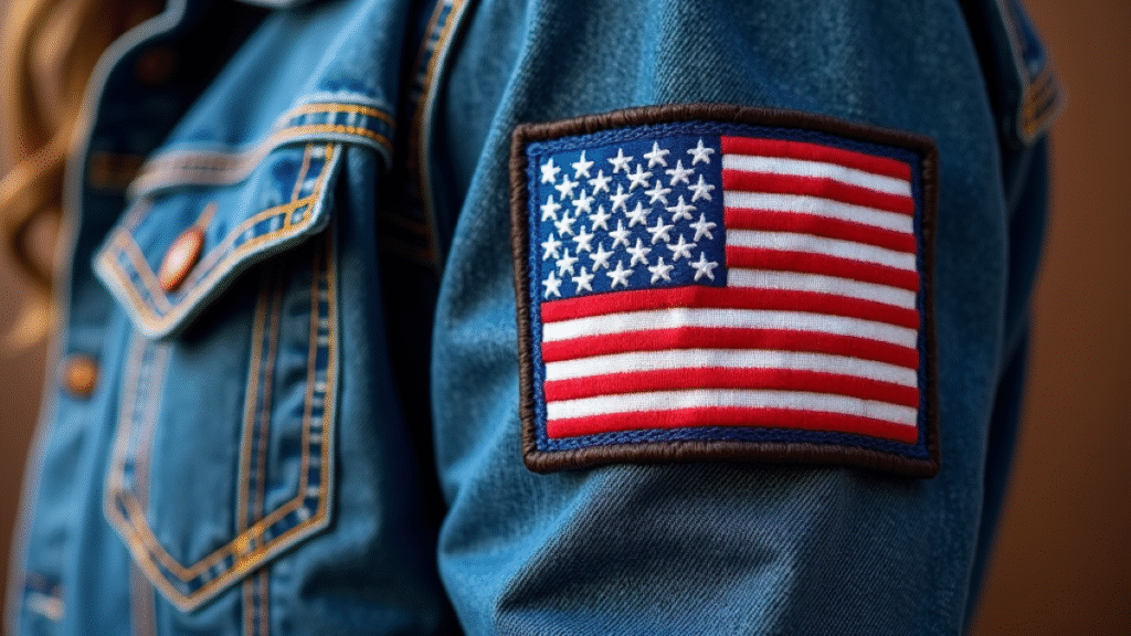 Blue Denim jacket with the American Stars and Strips iron on badge. 