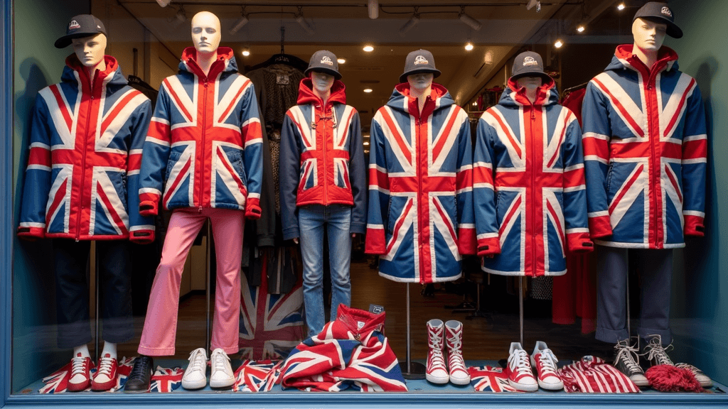 A display of Union Jack clothing including jackets, tshirts, and hats in a high street shop window