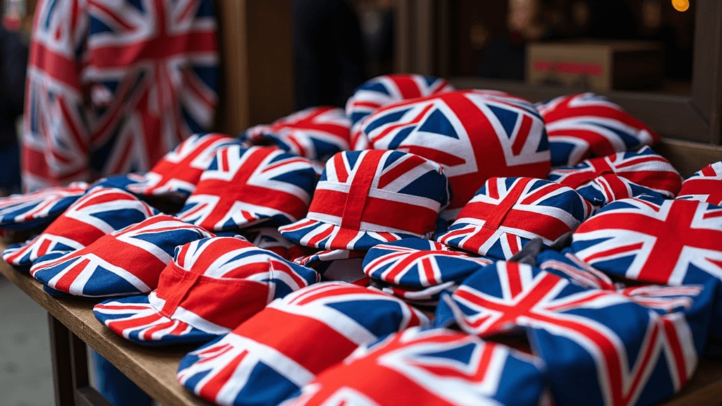 Assorted Union Jack hats and shirts displayed at an outdoor market