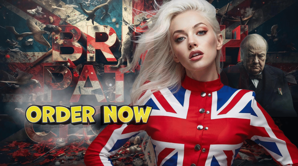 British Patriot clothing with blonde girl wearing Union Jack jacket with image of Winston Churchill in the background. Order now