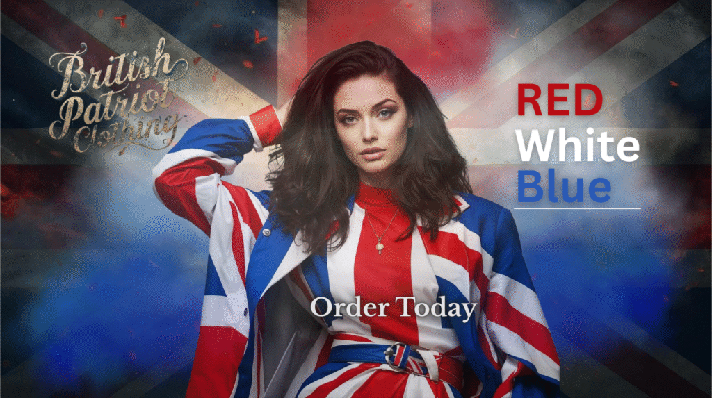 Union Jack Background with White girl with black hair wearing clothing with the British Union Jack pattern on.