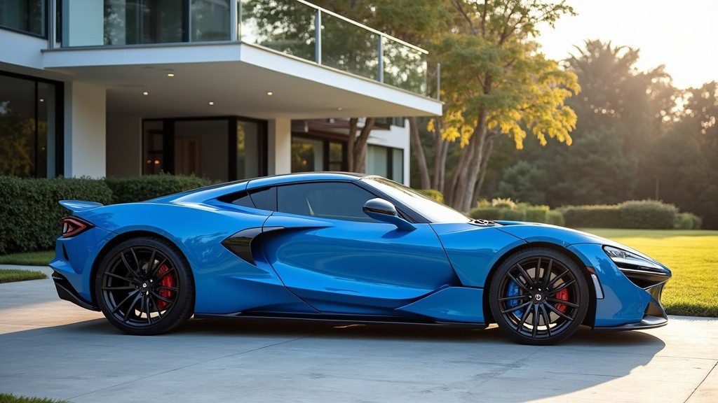Blue modern sports car parked outside a luxury home in the UK.