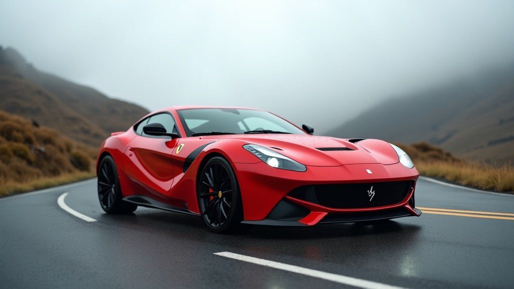 Red luxury sports car on a scenic road