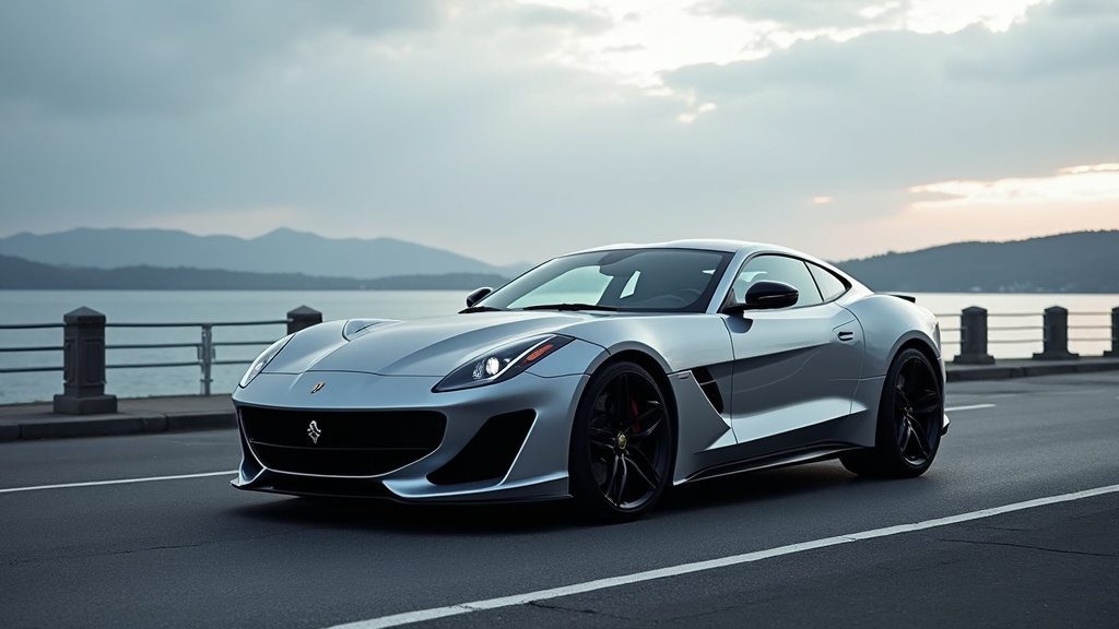 Silver exotic sports car on a waterfront road