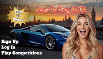 City of London background background with blue Ferrari sports car with a woman looking excited on the front.