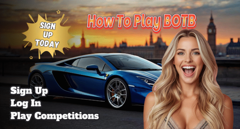 City of London background background with blue Ferrari sports car with a woman looking excited on the front.