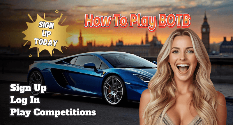 City of London background background with blue Ferrari sports car with a woman looking excited on the front.