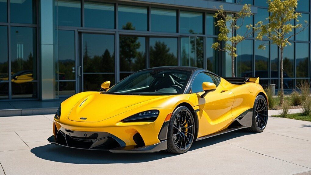 A yellow Ferrari sports car displayed outside of a modern building, representing a BOTB competition prize.
